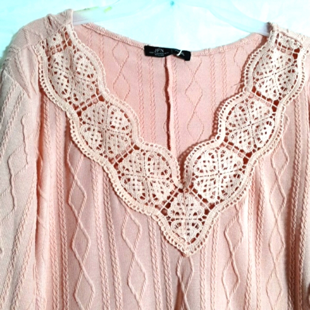 JFN Peach Designed Lace Neck Long Sleeve Sweater Midi Dress